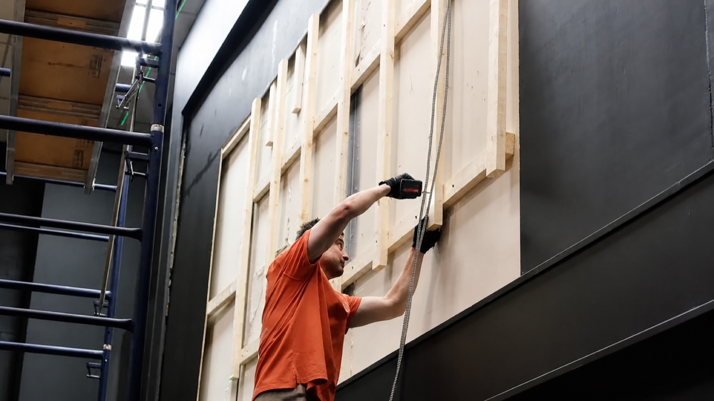 Installer building a wall support structure for an indoor LED video wall