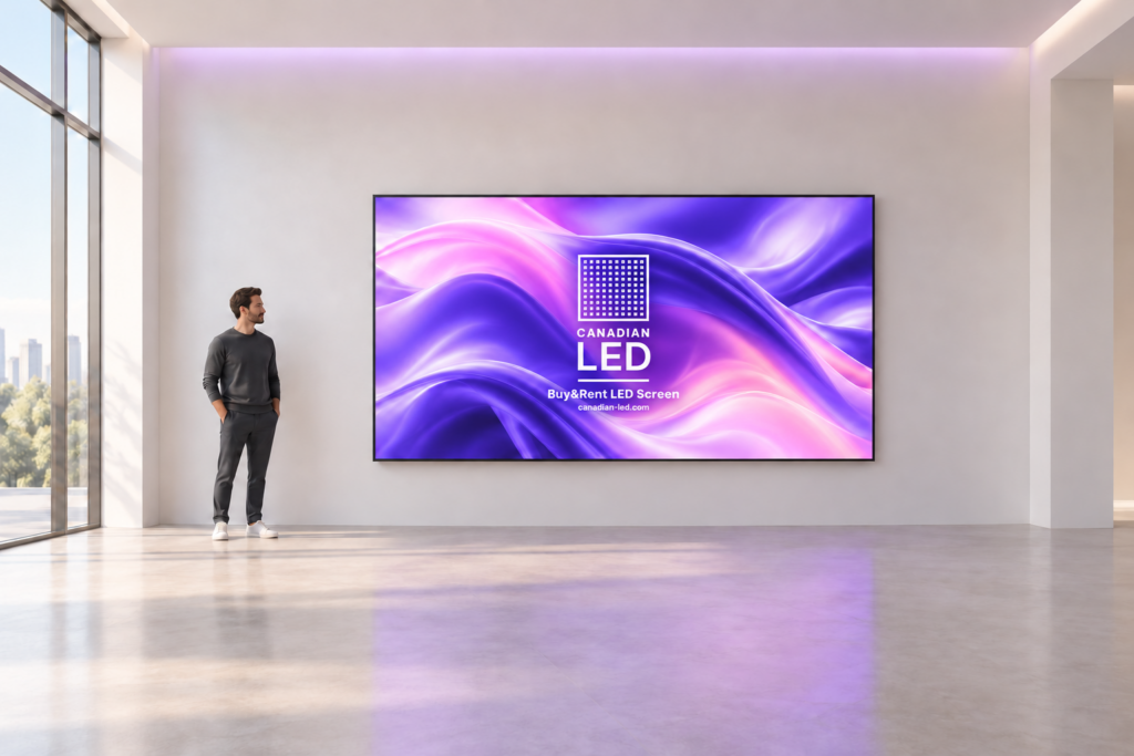 Concept visualization of a 10 by 6 ft LED screen with a person representing 180 cm (5 ft 11 in)