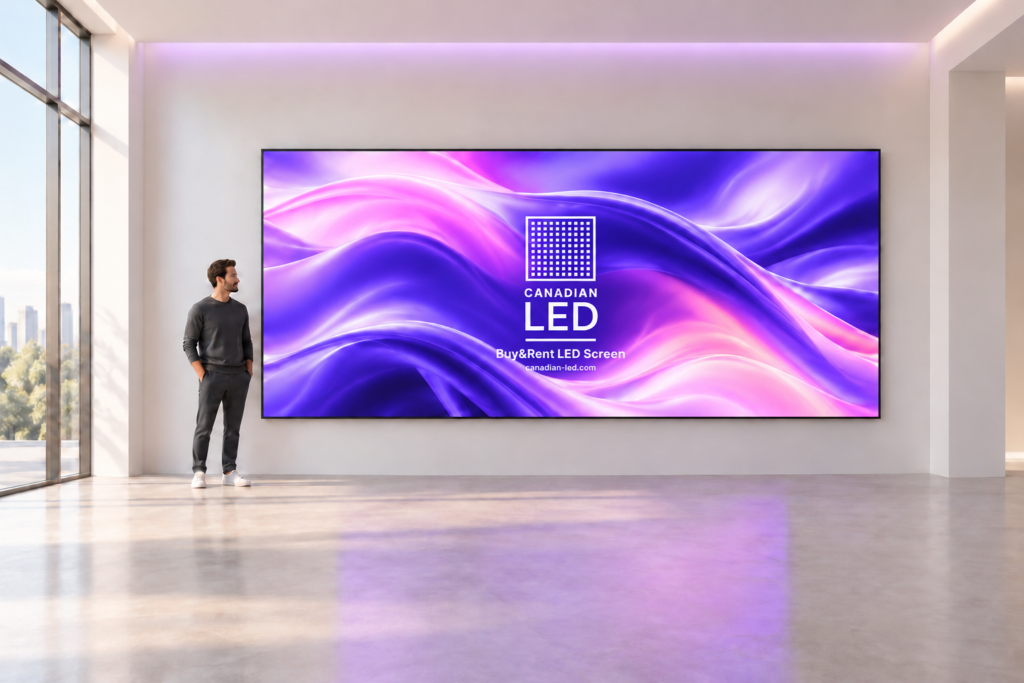Concept visualization of a 15 by 8 ft LED screen with a person representing 180 cm (5 ft 11 in)