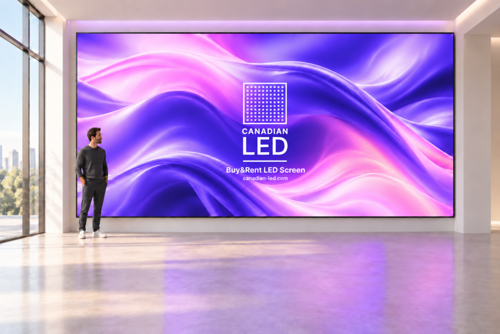 Concept visualization of a 20 by 10 ft LED screen with a person representing 180 cm (5 ft 11 in)